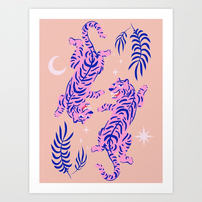 Pink Twin Tigers | Moon Star - Pink Tiger | Christmas Eve 2021, 2022 Year of Tiger Pattern Art Print