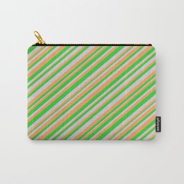 [ Thumbnail: Light Grey, Brown, and Lime Green Colored Stripes Pattern Carry-All Pouch ]
