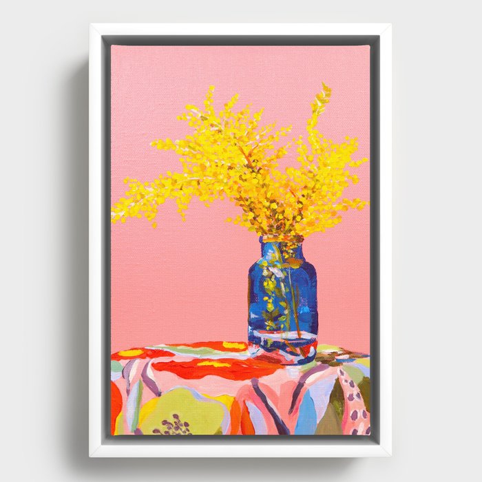Pink Fuzzy Still Life | Golden Wattle Flower | Australian Native Flowers Framed Canvas