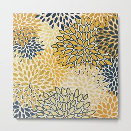 Floral Prints, Abstract Art, Navy Blue and Mustard Yellow, Coloured Prints Metal Print