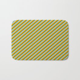 [ Thumbnail: Green, Light Sky Blue, and Orange Colored Pattern of Stripes Bath Mat ]
