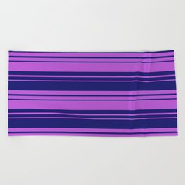 [ Thumbnail: Midnight Blue & Orchid Colored Lined/Striped Pattern Beach Towel ]