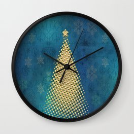 Teal Blue Snowflakes with Golden Christmas Tree  Wall Clock
