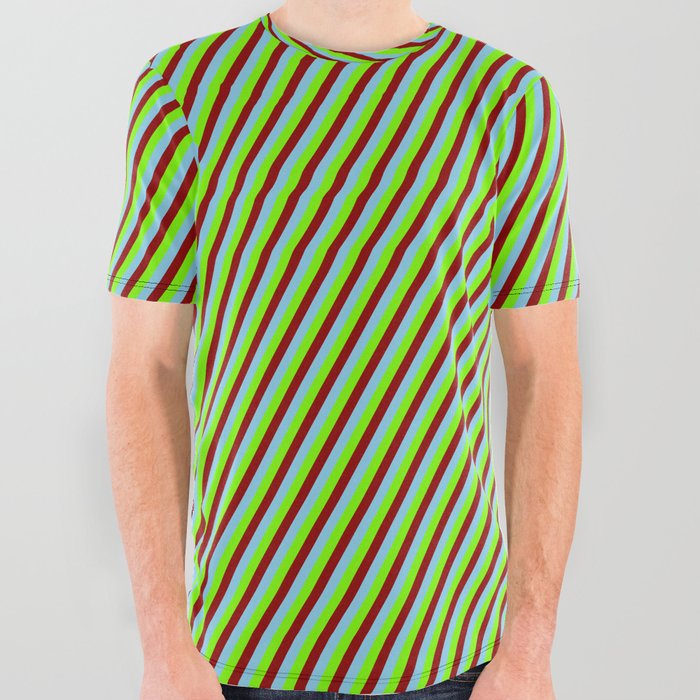 Dark Red, Sky Blue, and Green Colored Lines Pattern All Over Graphic Tee