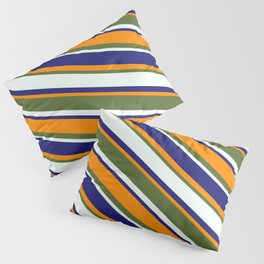 [ Thumbnail: Midnight Blue, Dark Orange, Dark Olive Green, and Mint Cream Colored Pattern of Stripes Pillow Sham ]