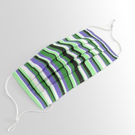 [ Thumbnail: Colorful Forest Green, Slate Blue, White, Green, and Black Colored Stripes Pattern Face Mask ]