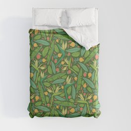 Strelitza with palm leaves and orange pomegranate on dark green background Duvet Cover