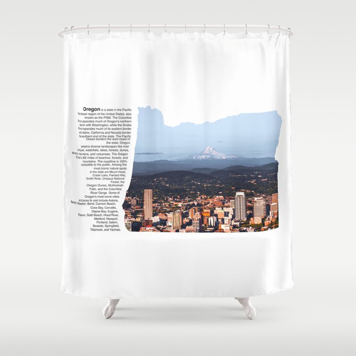 Oregon Minimalist Map | Portland Skyline and Mount Hood Shower Curtain