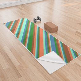 [ Thumbnail: Aquamarine, Coral, Sienna, Forest Green, and Blue Colored Lined/Striped Pattern Yoga Towel ]