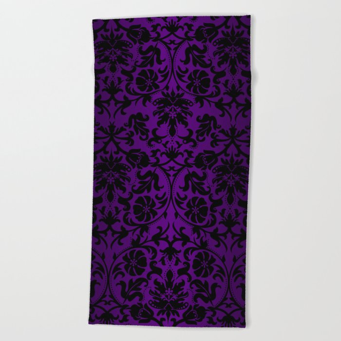 Purple and Black Damask Pattern Design Beach Towel