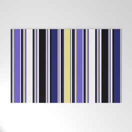[ Thumbnail: Colorful Midnight Blue, Tan, Slate Blue, White, and Black Colored Lined/Striped Pattern Welcome Mat ]