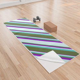 [ Thumbnail: Turquoise, Dark Olive Green, Dark Violet & Light Cyan Colored Striped/Lined Pattern Yoga Towel ]