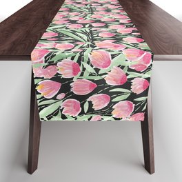 Artsy Pink Green Black Tulips Floral Watercolor Table Runner