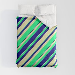 [ Thumbnail: Pale Goldenrod, Green, and Blue Colored Stripes/Lines Pattern Comforter ]