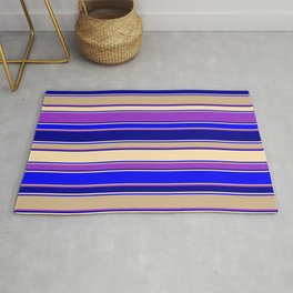 [ Thumbnail: Colorful Dark Orchid, Dark Blue, Beige, Blue & Tan Colored Striped Pattern Rug ]
