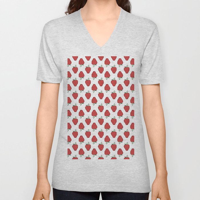 White and Red Cottagecore Strawberry Pattern V Neck T Shirt