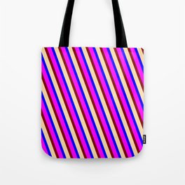 [ Thumbnail: Blue, Fuchsia, Maroon, and Tan Colored Lined Pattern Tote Bag ]