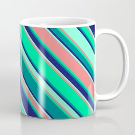 [ Thumbnail: Eyecatching Green, Dark Cyan, Midnight Blue, Aquamarine & Light Coral Colored Lines Pattern Coffee Mug ]