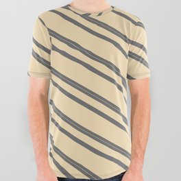 [ Thumbnail: Dim Gray & Tan Colored Striped/Lined Pattern All Over Graphic Tee ]