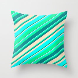 [ Thumbnail: Green, Dark Cyan, Bisque, and Aqua Colored Pattern of Stripes Throw Pillow ]
