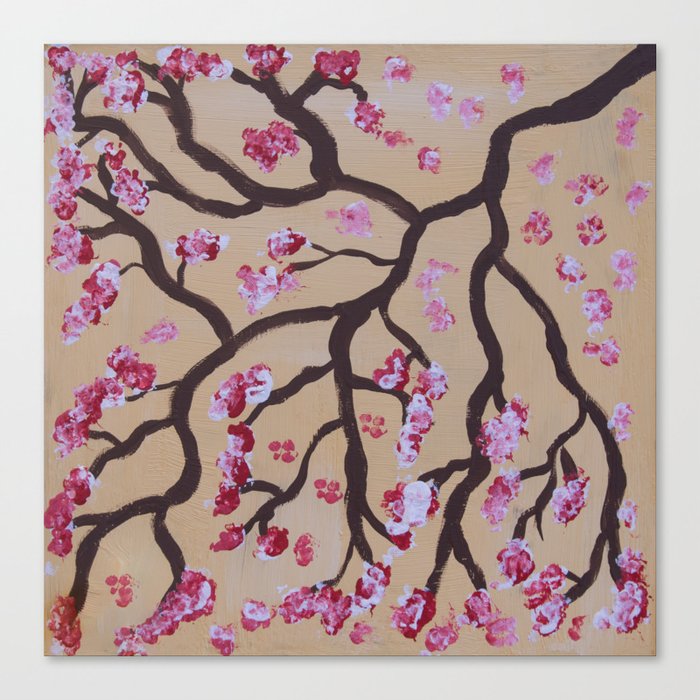 Pink cherry tree branch art on yellow background Canvas Print