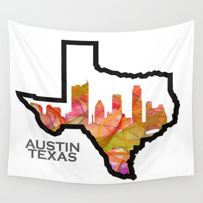 Texas State Map with Austin Skyline Wall Tapestry by Marlene Watson 