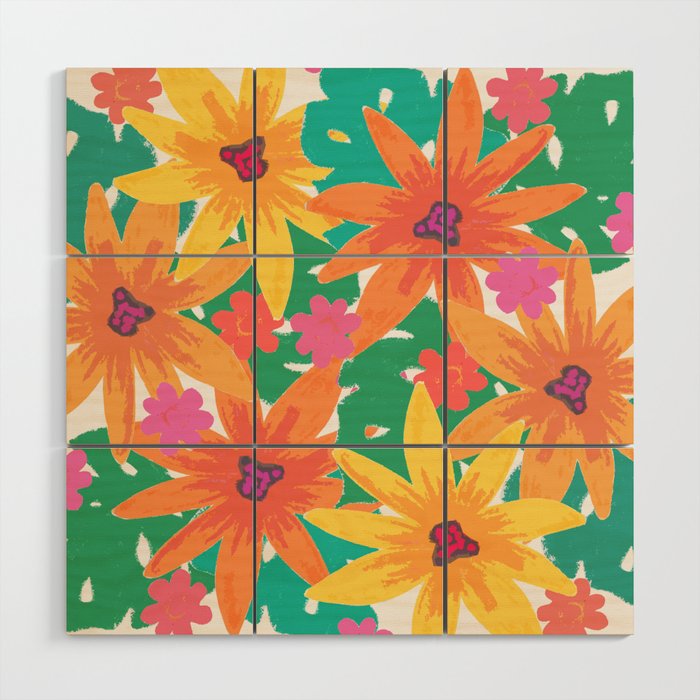 Modern retro Flowers Wood Wall Art