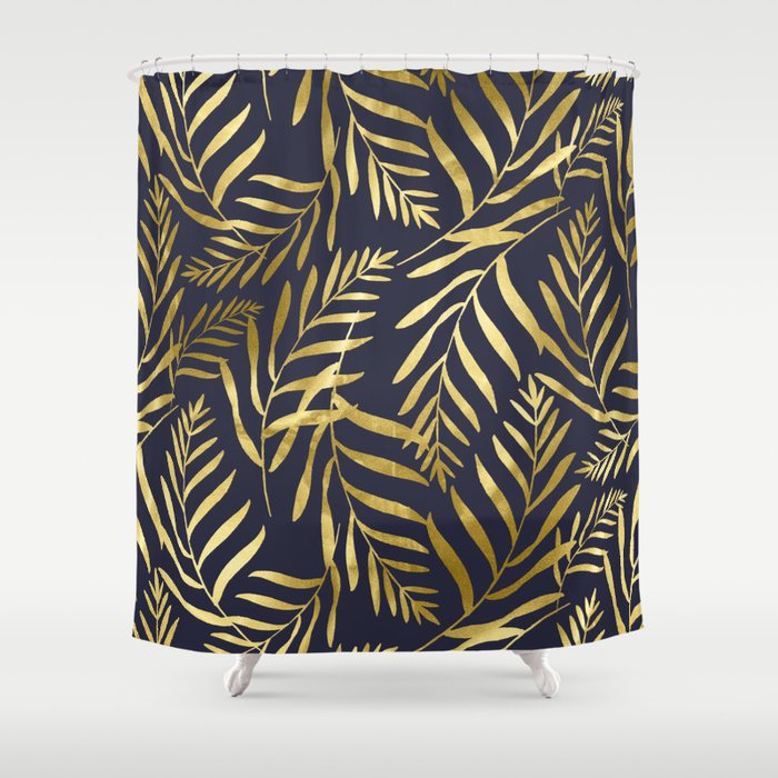 Gold Leaves on Navy Shower Curtain