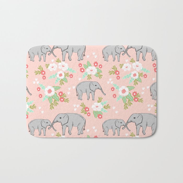 Elephants Pattern Blush Pink Pastel With Florals Cute Nursery Baby Animals Lucky Gifts Bath Mat By Charlottewinter