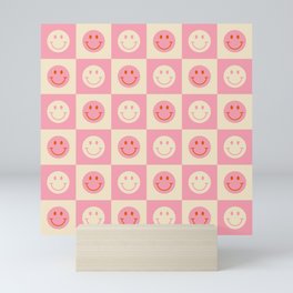 70s Retro Smiley Face Tile Pattern in Pink & Beige Mini Art Print