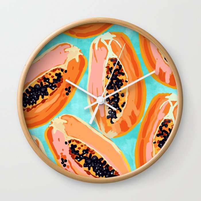 Big Papaya Watercolor Painting, Tropical Fruits Illustration, Colorful Summer Eclectic Food Wall Clock