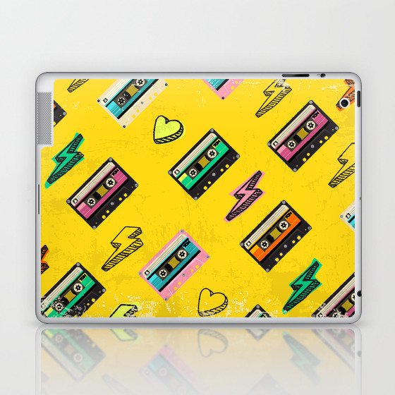 70's, 80's cassette tape vintage retro background. Fashionable poster simple graphic old style with heart and flash. Disco love party 1980. Yellow Laptop & iPad Skin