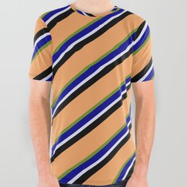 [ Thumbnail: Eyecatching Brown, Green, Dark Blue, Lavender & Black Colored Lines Pattern All Over Graphic Tee ]