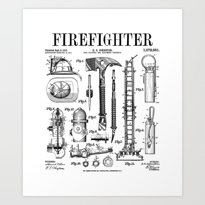 Firefighter Fire Department Fireman Vintage Patent Print Art Print