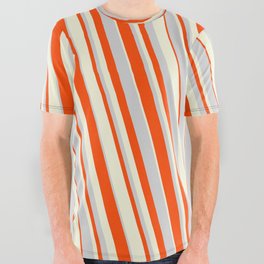 [ Thumbnail: Light Grey, Red, and Beige Colored Striped Pattern All Over Graphic Tee ]