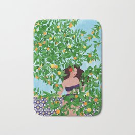 Sevilla girl Bath Mat | Tree, Sevilla, Blue, Digital, Leafes, Green, Oranges, Girl, Spain, Orangeprint 