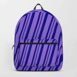 [ Thumbnail: Purple & Dark Blue Colored Pattern of Stripes Backpack ]