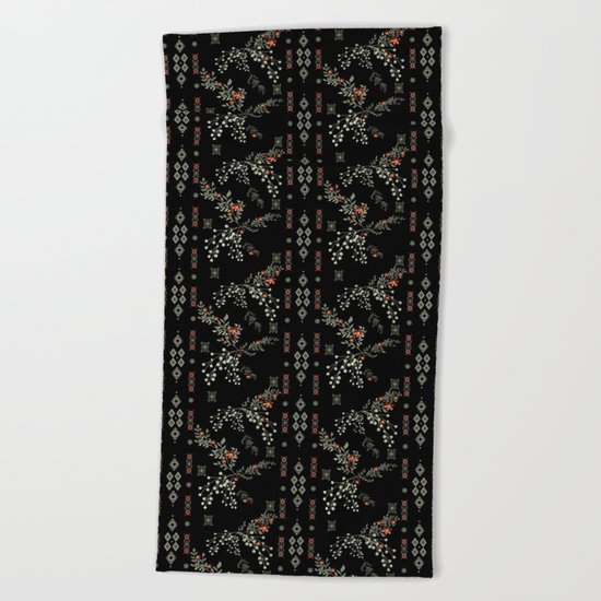 Seamless abstract floral pattern on black background Beach Towel