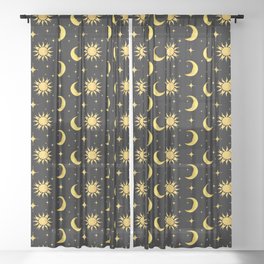 Sun,half moon,stars,cosmic art,celestial,black background  Sheer Curtain