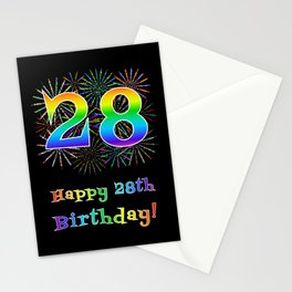 [ Thumbnail: 28th Birthday - Fun Rainbow Spectrum Gradient Pattern Text, Bursting Fireworks Inspired Background Stationery Cards ]
