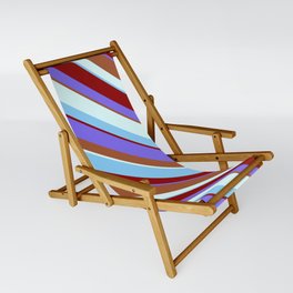 [ Thumbnail: Medium Slate Blue, Sienna, Light Cyan, Light Sky Blue, and Dark Red Colored Striped Pattern Sling Chair ]