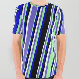 [ Thumbnail: Mint Cream, Slate Blue, Green, Blue, and Black Colored Pattern of Stripes All Over Graphic Tee ]