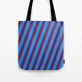 [ Thumbnail: Blue & Dark Red Colored Striped/Lined Pattern Tote Bag ]
