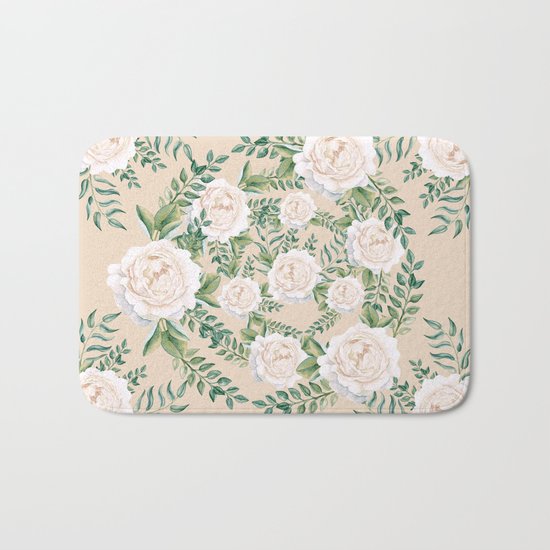 Garden Roses Mandala Pink Green Cream Bath Mat