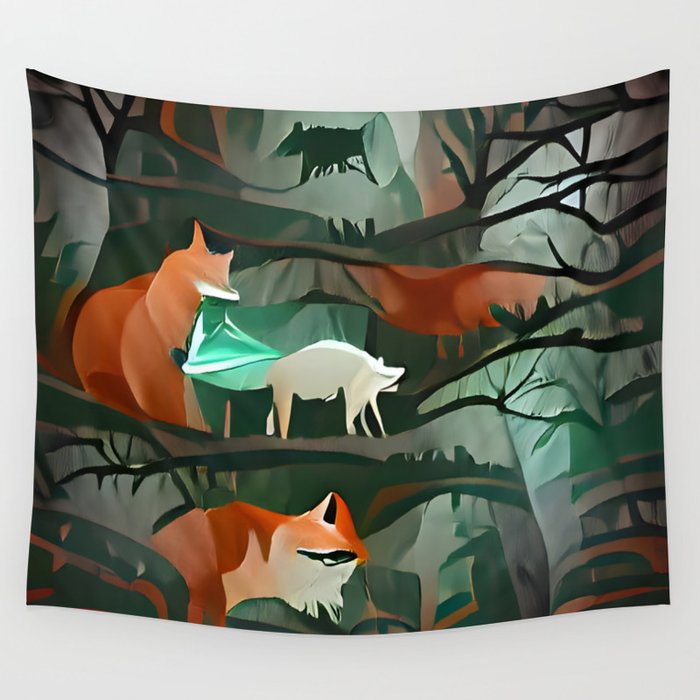 Fox and Wolf Hunt in Forest at Night Wall Tapestry