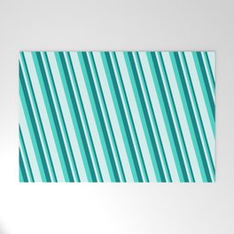 [ Thumbnail: Teal, Turquoise, and Light Cyan Colored Stripes Pattern Welcome Mat ]