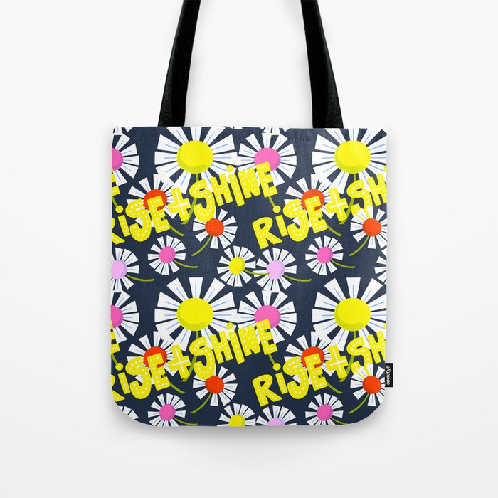 Rise And Shine Modern Daisy Flowers Navy Blue Tote Bag