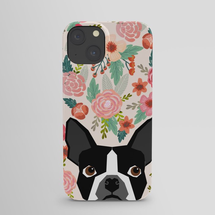 Boston Terrier florals flowers boho cute black and white boston terrier puppy dog pet portraits  iPhone Case