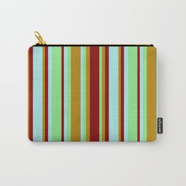 [ Thumbnail: Light Green, Dark Goldenrod, Dark Red, and Turquoise Colored Lines/Stripes Pattern Carry-All Pouch ]