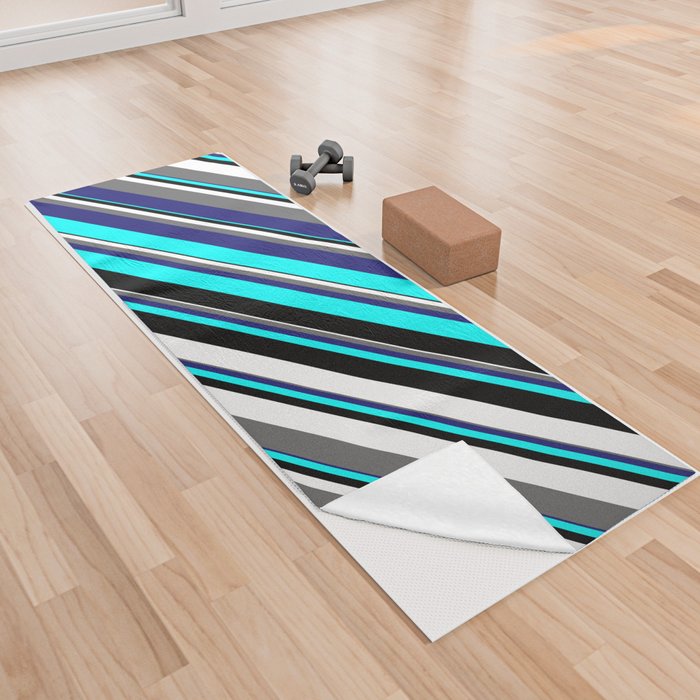 Aqua, Black, White, Dim Gray & Midnight Blue Colored Stripes/Lines Pattern Yoga Towel